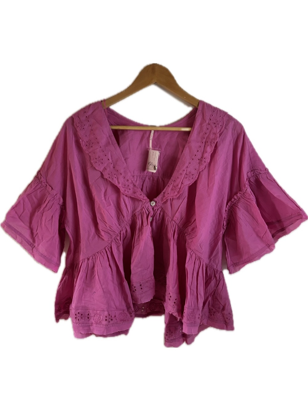 Free People Eyelet Peasant Blouse in Bright Pink